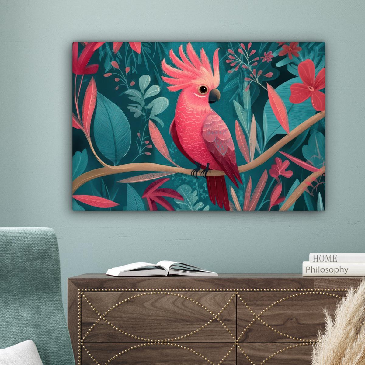 LEINWANDBILD Kakadu - Tropische Blätter - Zweig Gemälde 60x40 cm - Petrol, Textil (60/40cm) - MuchoWow