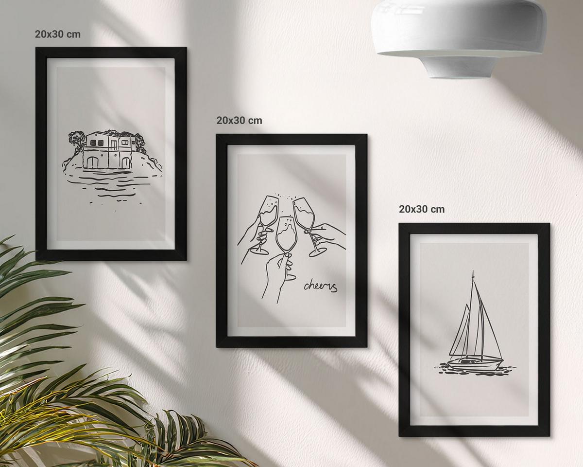 BILDER SET 3er Set - 20x30 cm Schwarzer Rahmen - Haus am Wasser, Segelboot-Toast - Schwarz, Kunststoff (20/30cm) - TULUP