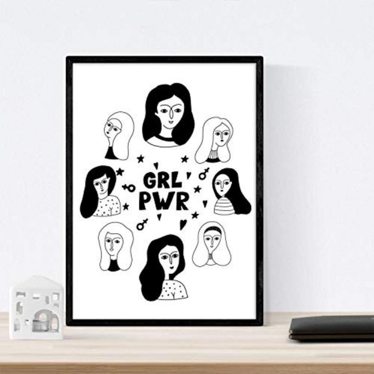 POSTER Set mit 4 Frauen, MädchenPower Zeichnungen von Frauen A3 Schwarzer Rahmen - Schwarz, Papier (29.7/3cm) - Nacnic
