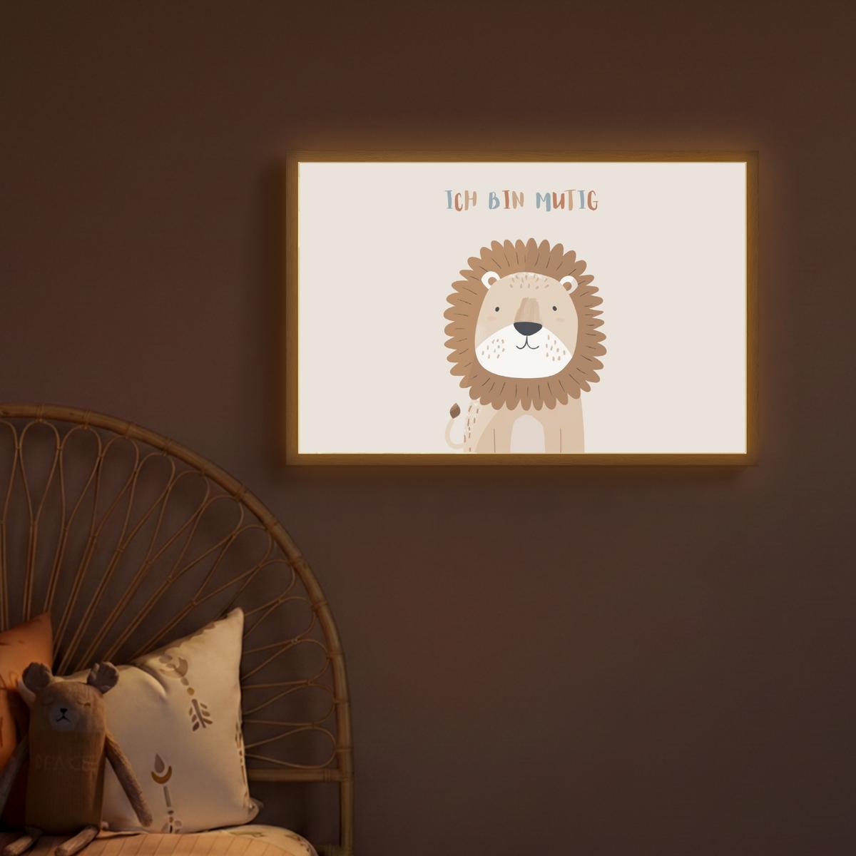 WANDLEUCHTE MIT AKKU Löwe - Beige - Tier - Mutig - Zitat 60x40 cm - Beige, Holzwerkstoff (60/40/8cm) - OnlyWow