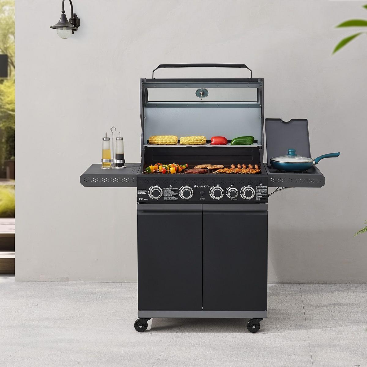 GASGRILL Savannah schwarz 4+1 - Schwarz, Metall (133/114/57cm) - Juskys