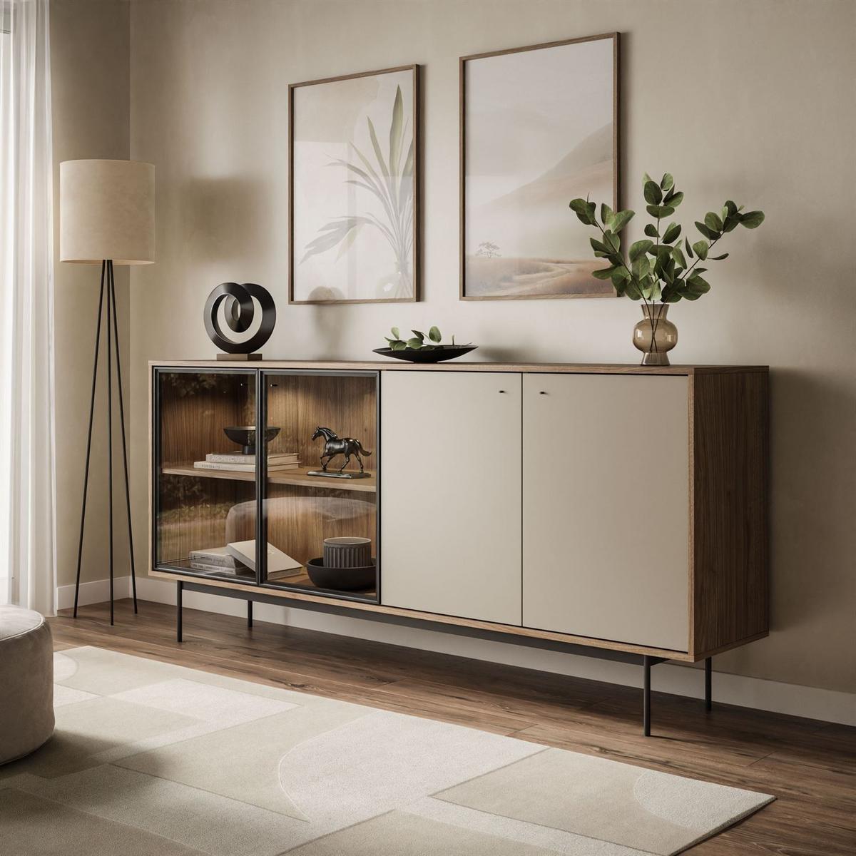 KOMMODE ISA 4D, viertürig mit LED-Beleuchtung. - Eichefarben, Holzwerkstoff (200/90/40cm) - Lookway