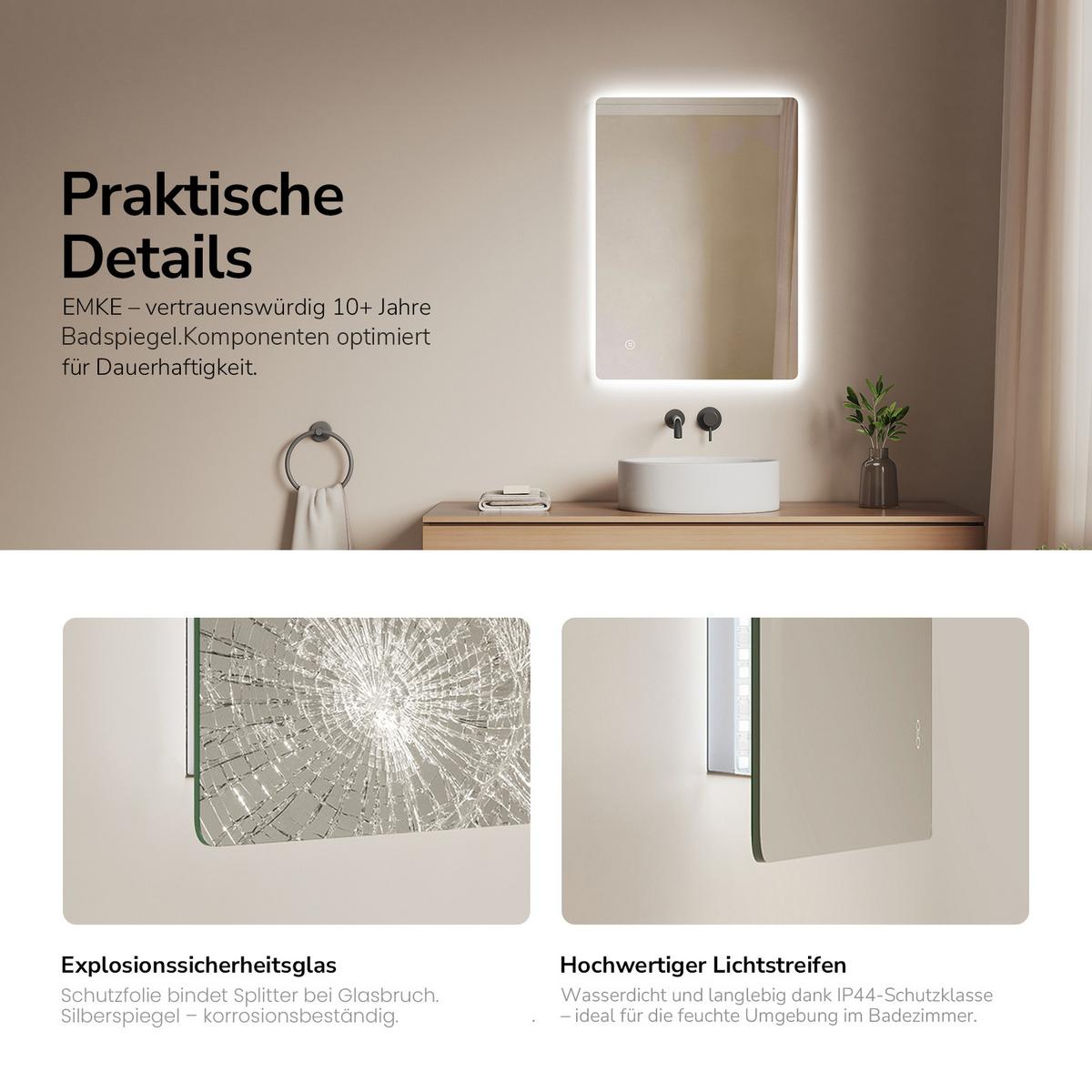 BADSPIEGEL LED abgerundet Kaltweiß Touch-Schalter Dimmbar 70/50 cm - Transparent, Glas (70/50/3cm) - EMKE