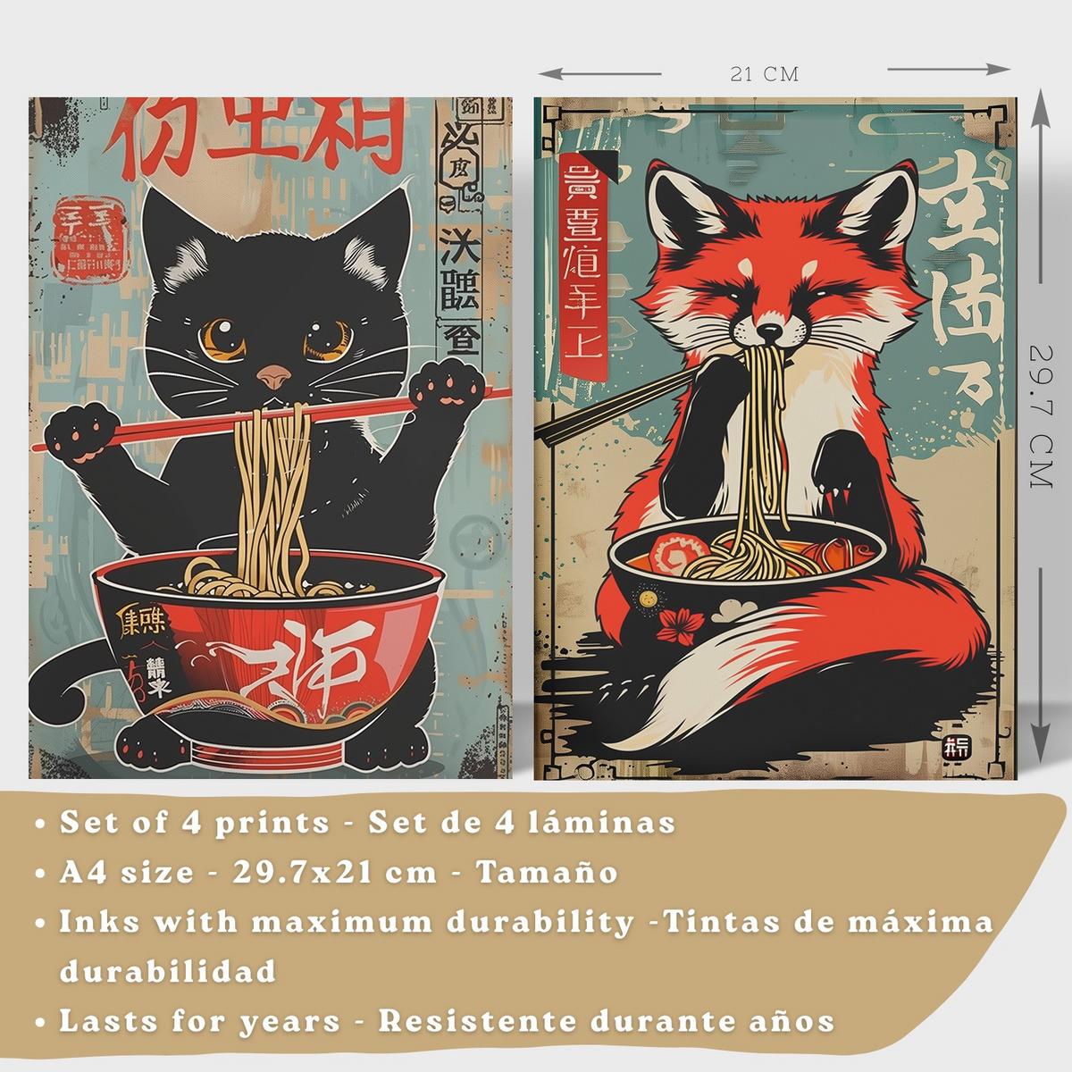 POSTER 4er Set Japanische Ramen Tier-Wandbilder Katze Fuchs und Hase Nudeln Vintage Küche Deko Leichter Holzrahmen A4 - Beige, Papier (29.7/1/21cm) - Nacnic