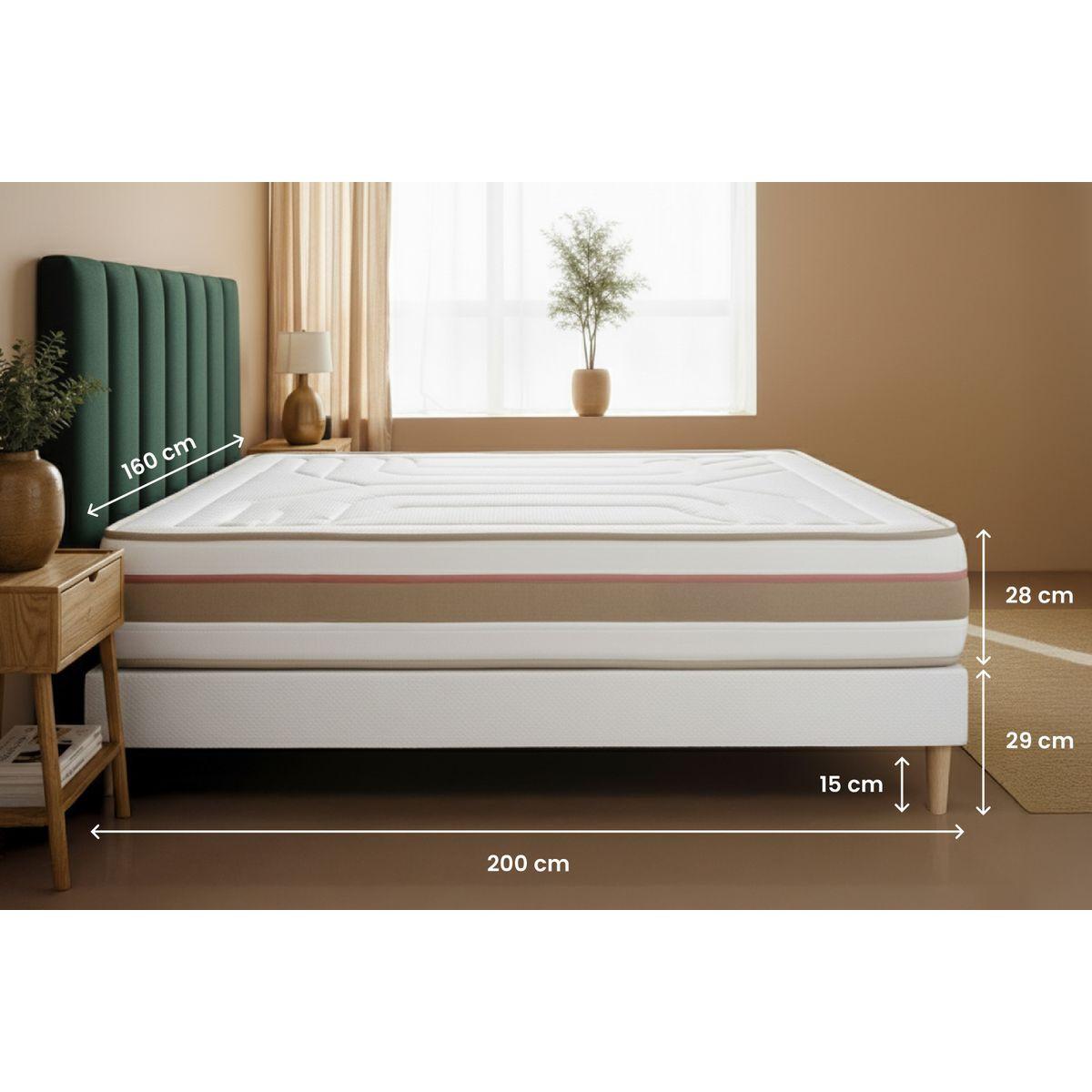 BETT Le Tendre Taschenfederkern und Memory-Schaum 160 x 200 cm h1 - Kit Bettgestell Beige - Mit Kissen und Bettdecke - Beige, Karton/Holz (160/200cm) - Marmottes & Co