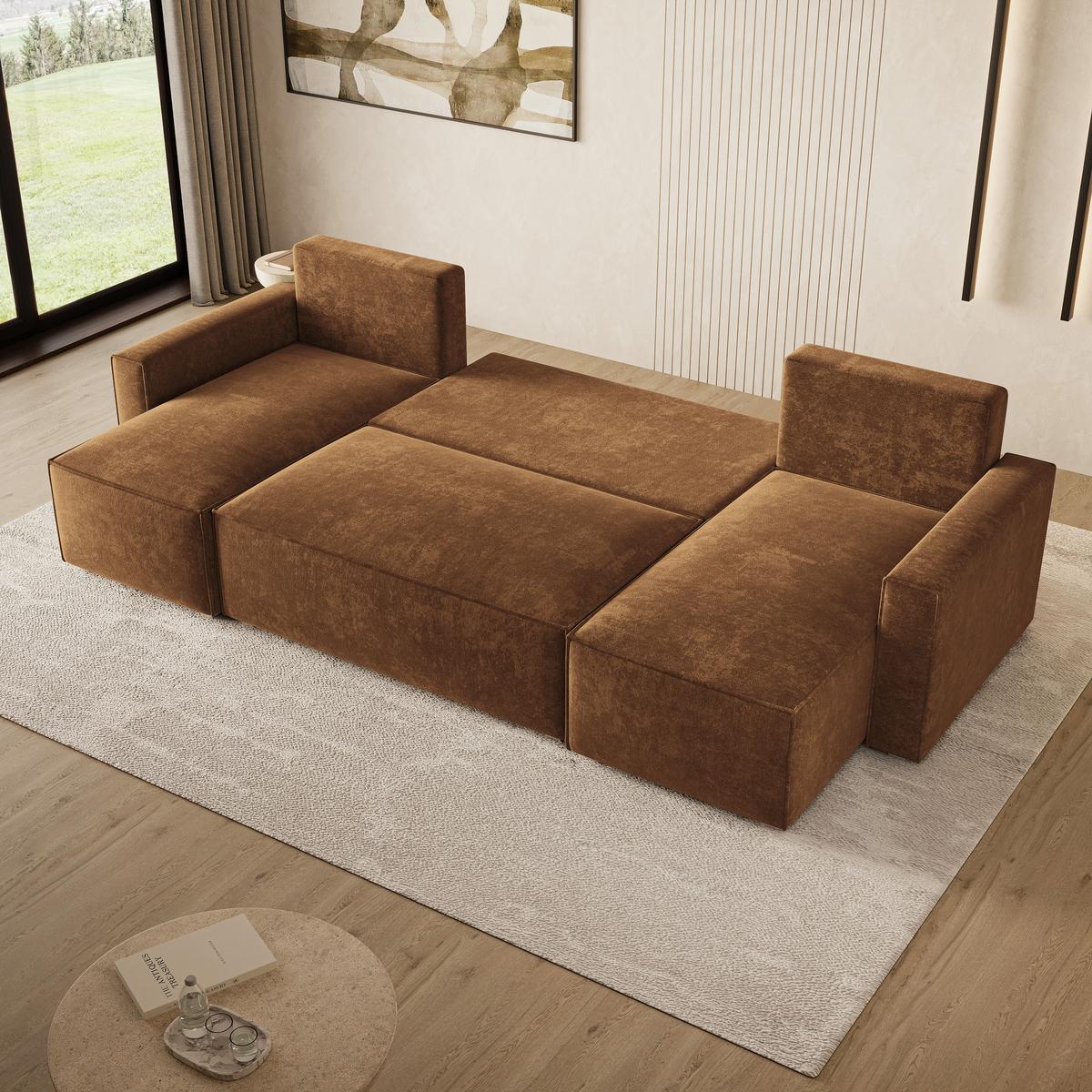 WOHNLANDSCHAFT ASPRA LM Braun Chenille mit Schlaffunktion - Braun, Holz (295/85/140cm) - MASSENO