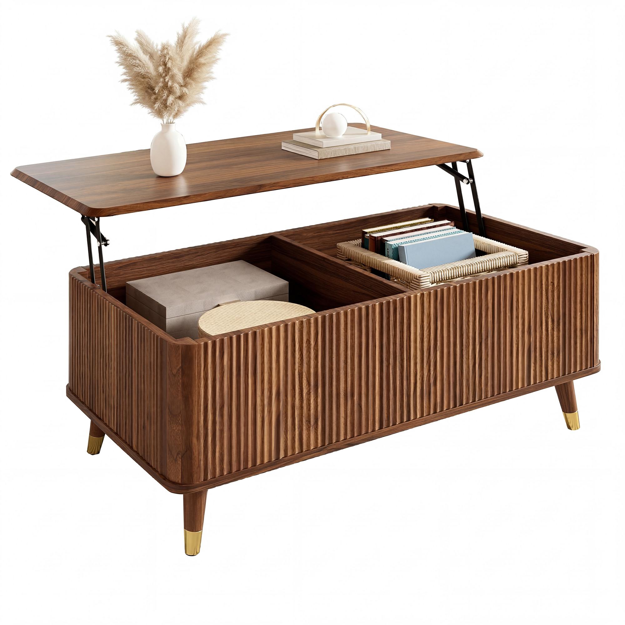 COUCHTISCH holzoptik & 3d-wellen-design mit lift-funktion & verstecktem stauraum - Walnussfarben, Holzwerkstoff (52/97/56.5cm) - Urban Meuble
