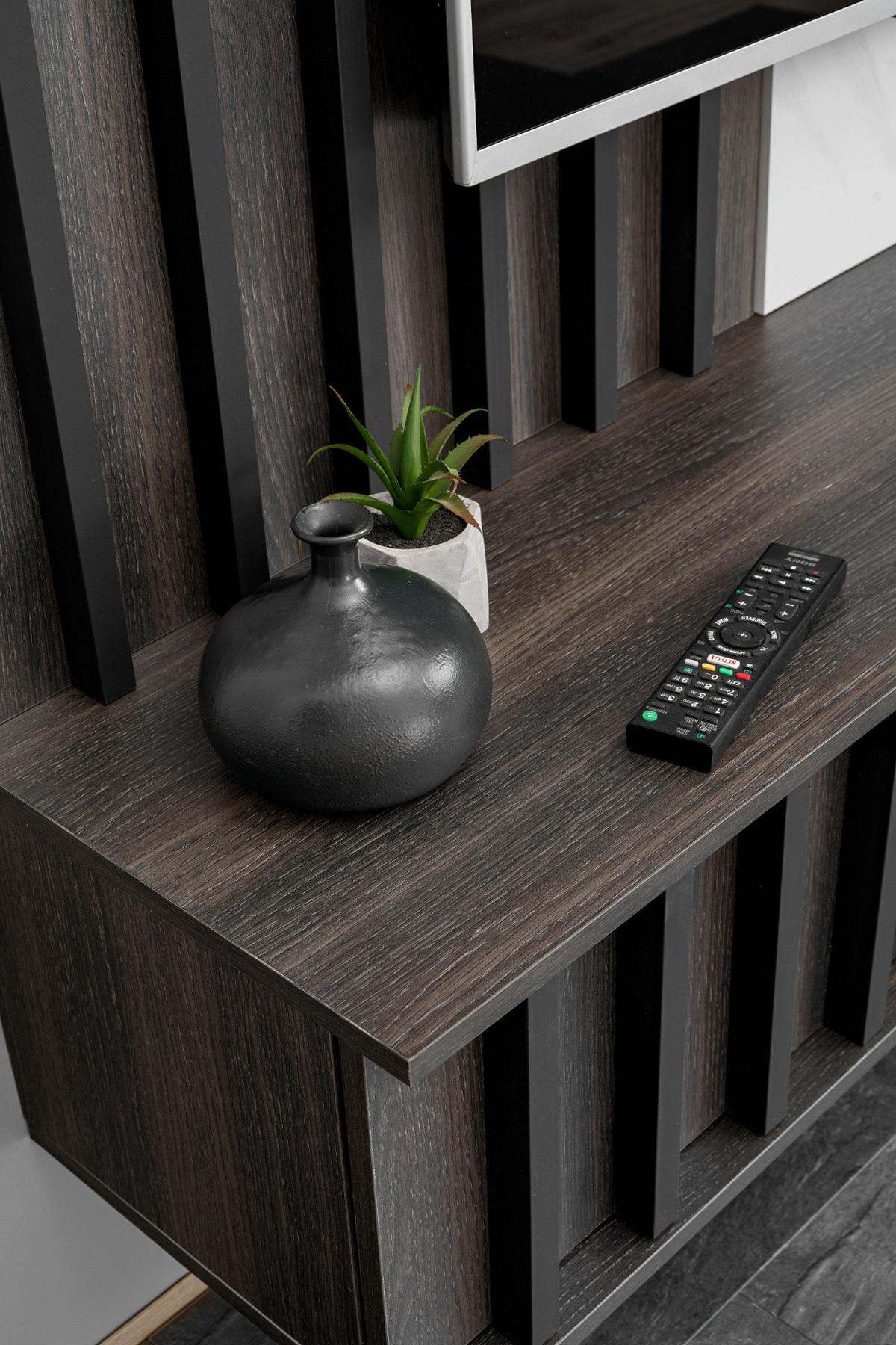 TV-LOWBOARD Graphit Eiche, Marmor weiß 160 cm hängend, TV Unterschrank Set mit Wandpaneel - Graphitfarben/Weiß, Holzwerkstoff (160/148/35cm) - Inn.Furn