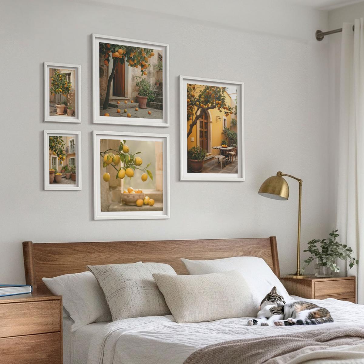 BILDER SET 5er Set - 50x50 cm & 20x30 cm & 40x60 cm Weißer Rahmen - Terrasse mit Zitrusbäumen - Weiß, Kunststoff (40/60cm) - TULUP
