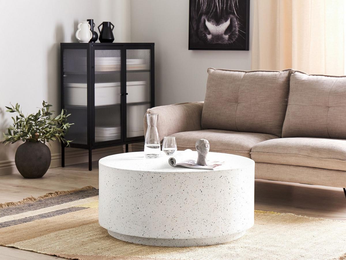 COUCHTISCH Beton weiß Terrazzo Optik rund 90 cm Trezzo - Weiß, Keramik (90/90/41cm) - Beliani