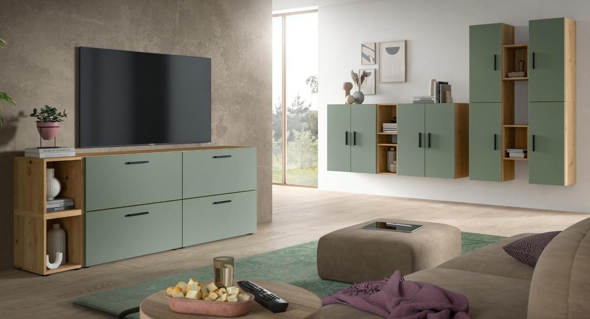 WOHNWAND grün, Eiche Artisan 256 x 178 cm, Schrankwand mit Soft-Close - Schwarz/Eiche Artisan, Holzwerkstoff/Kunststoff (256/151/34cm) - Inn.Furn