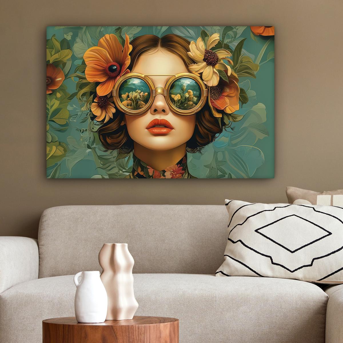 LEINWANDBILD Frau - Blumen - Schmetterlinge - Natur - Vintage Gemälde 60x40 cm - Salbeigrün, Textil (60/40cm) - MuchoWow
