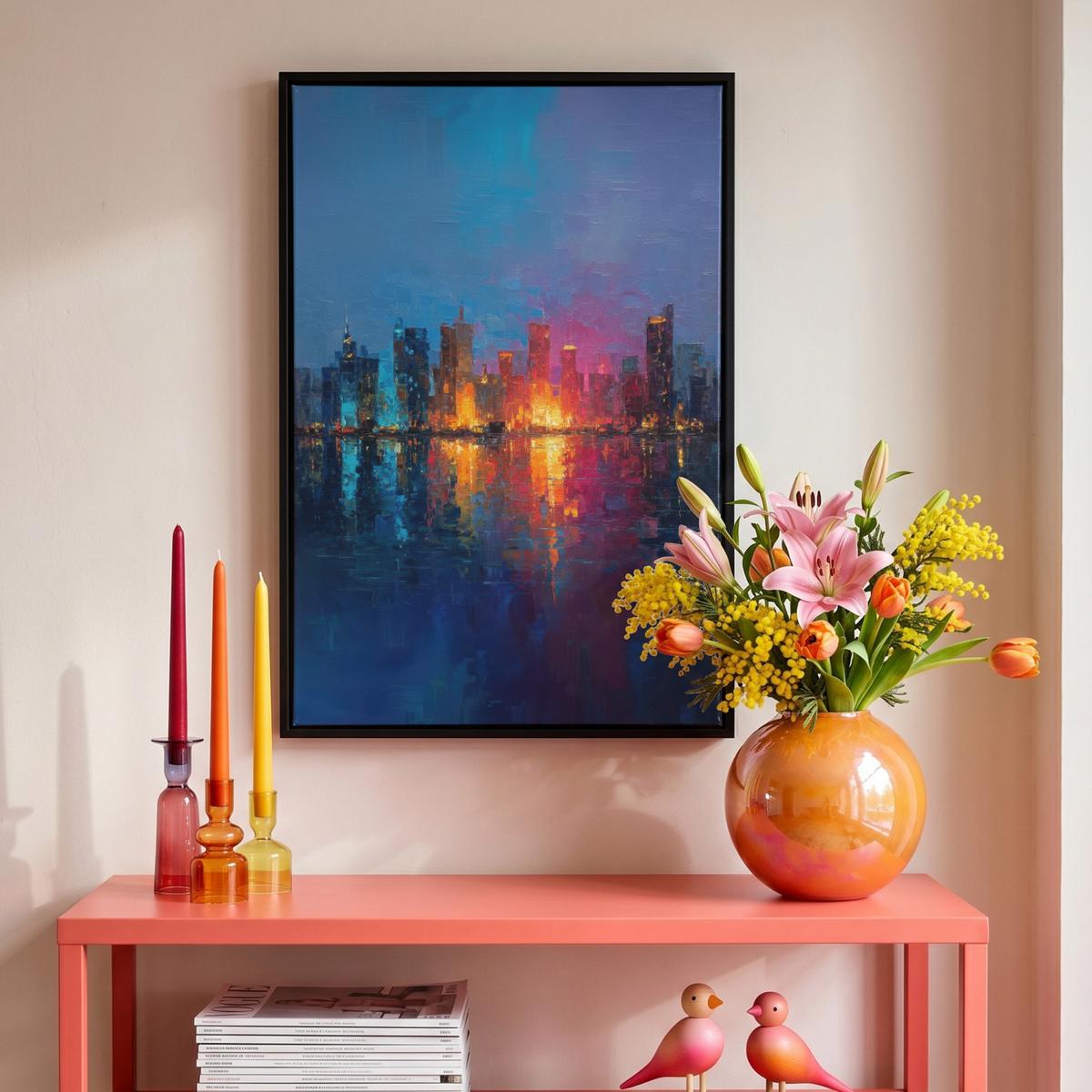 LEINWAND Bilder mit Rahmen - Skyline - Pinselstriche - Dunkelblau - Leuchtend - 40x60 - Blau, Textil (40/60cm) - MuchoWow