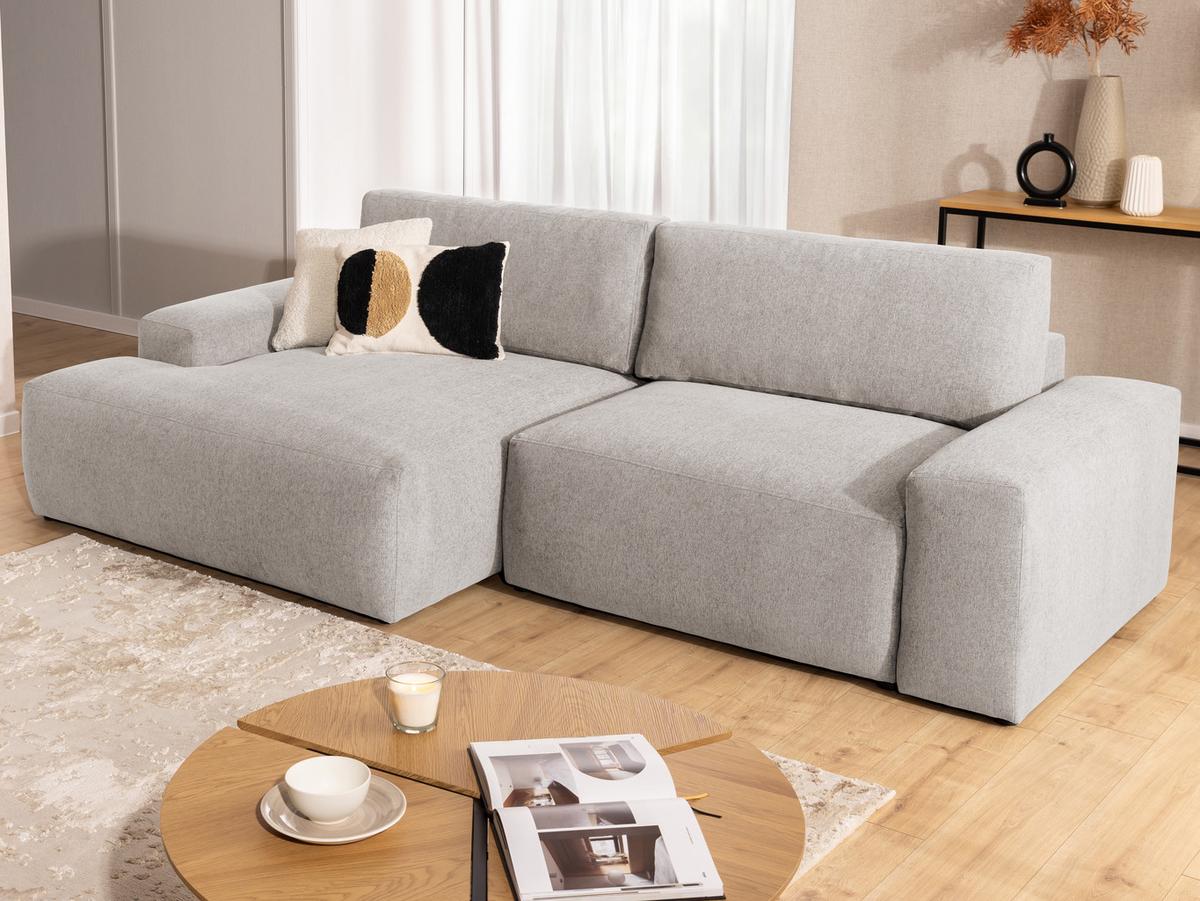 ECKSOFA inkl. Hocker Lennon aus Beige Strukturstoff mit Schlaffunktion und Bettkasten - Beige/Schwarz, Holz/Kunststoff (137/264cm) - S-Style