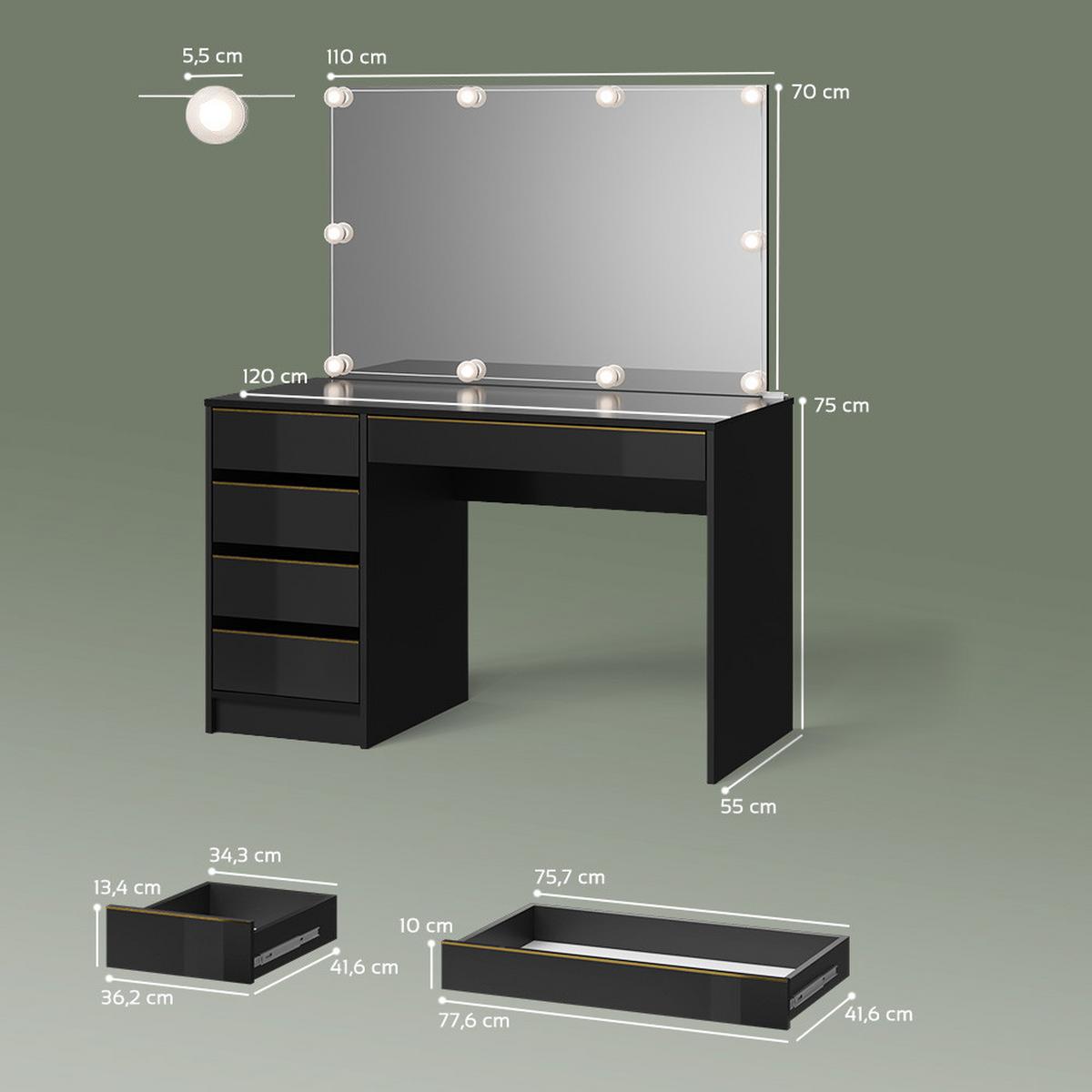 SCHMINKTISCH-SET Imola Schwarz/Gold 120 cm mit LED Beleuchtung - Goldfarben/Schwarz, Holzwerkstoff (120/75/55cm) - Livinity®