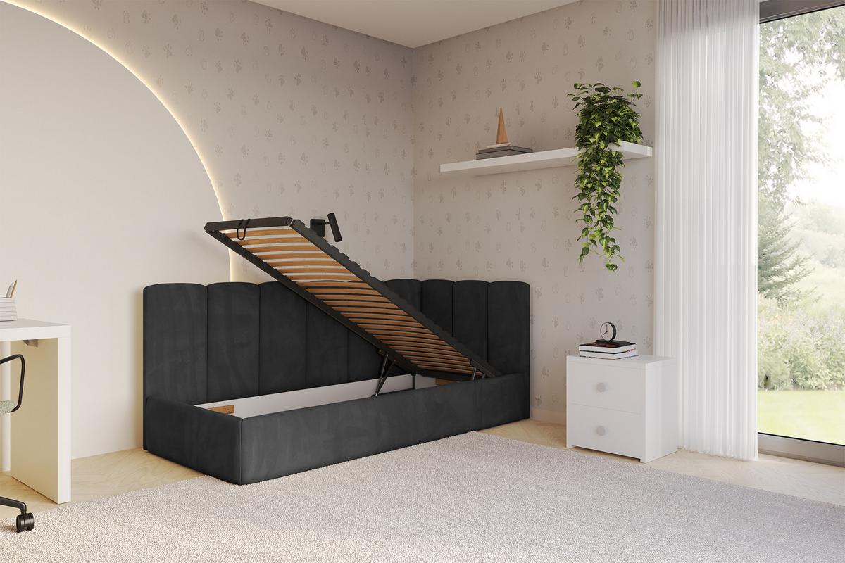 EINZELLBETT Jugendbett mit Bettkasten und Matratze H3/H4, Links - DEXY 100x200 Schwarz - Schwarz, Holzwerkstoff/Textil (100/200cm) - ALTDECOR