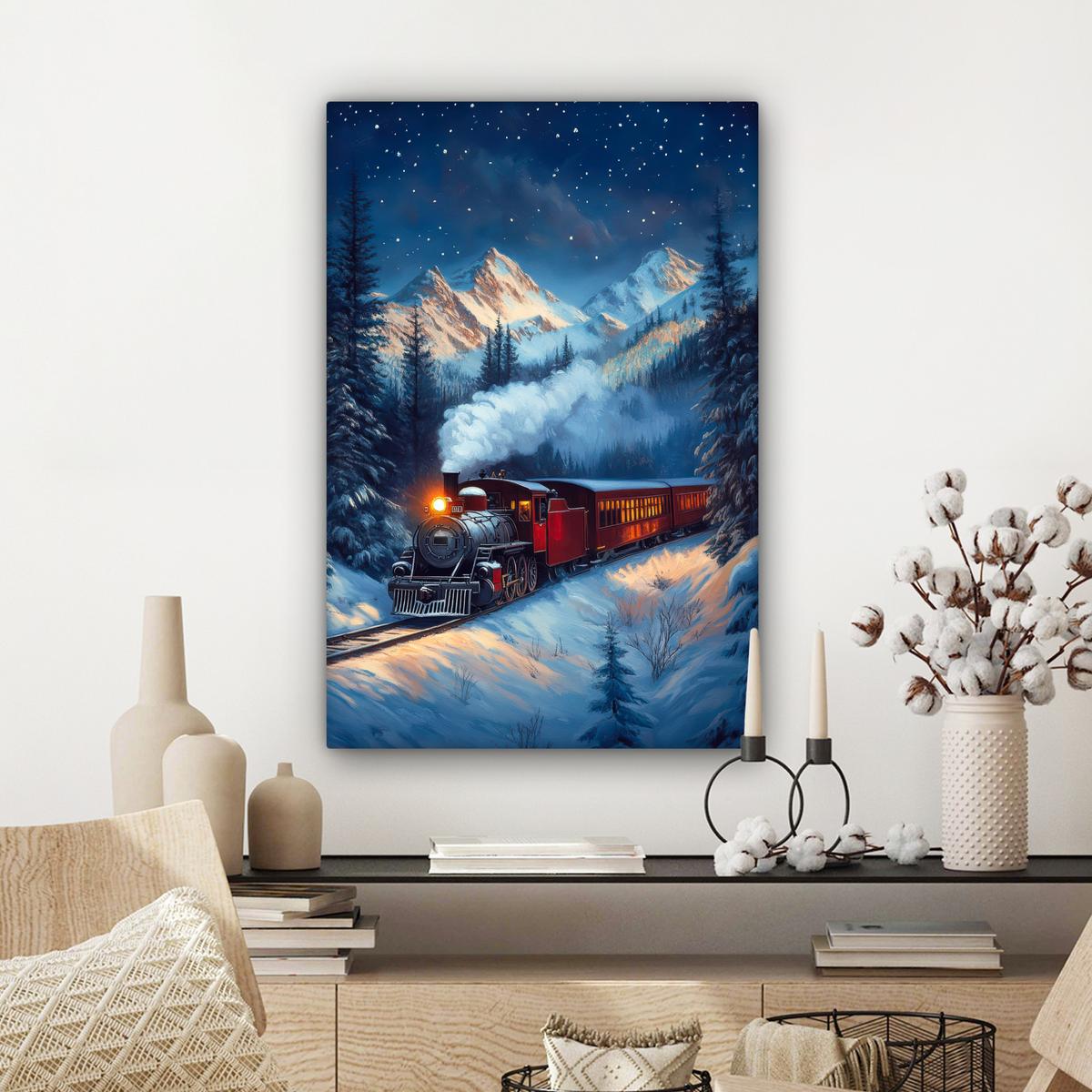 LEINWANDBILD Zug - Weihnachten - Schnee - Weihnachtszug Wanddeko Schlafzimmer 60x90 cm - Anthrazit, Textil (60/90cm) - MuchoWow