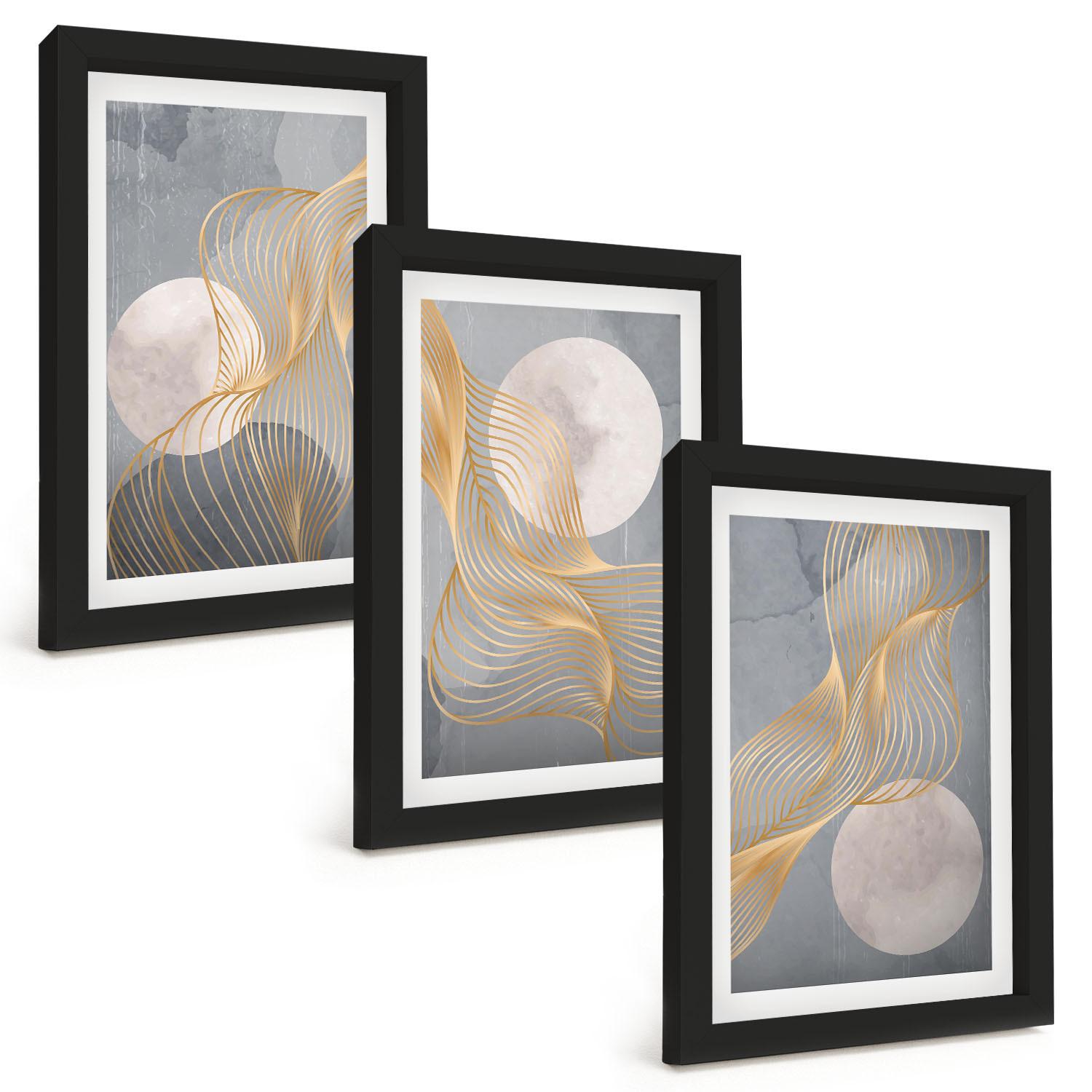 BILDER SET 3er Set - 20x30 cm Schwarzer Rahmen - Abstrakte Muster Wellen Kreise - Schwarz, Kunststoff (20/30cm) - TULUP