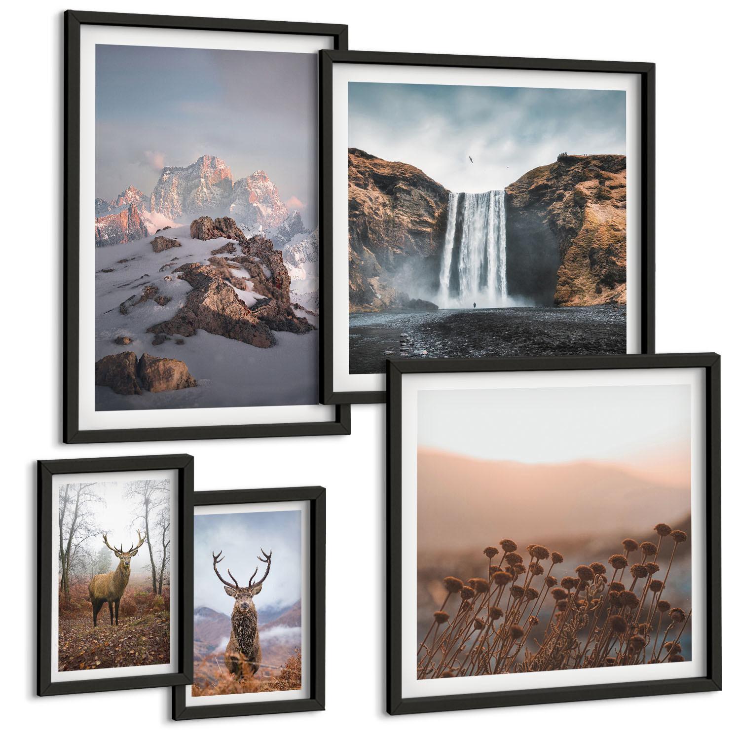 BILDER SET 5er Set - 50x50 cm & 20x30 cm & 40x60 cm Schwarzer Rahmen - Urlaub Palmen Wasserfall - Schwarz, Kunststoff (40/60cm) - TULUP