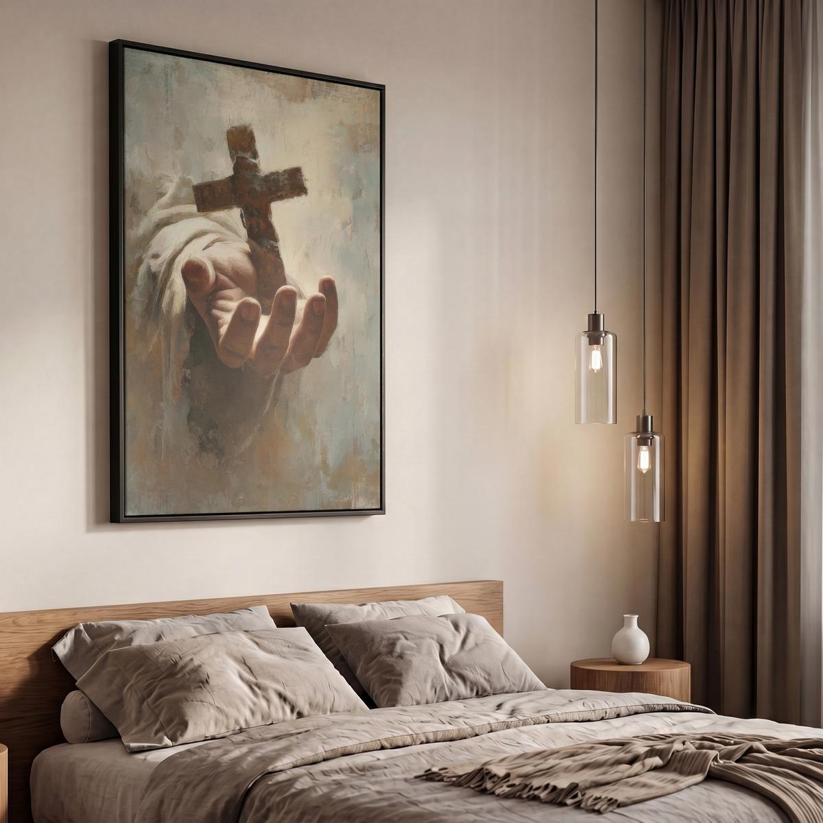 LEINWAND Bilder mit Rahmen - Abstrakt - Kreuz - Hand - Christentum - 60x90 - Hellbraun, Textil (60/90cm) - MuchoWow