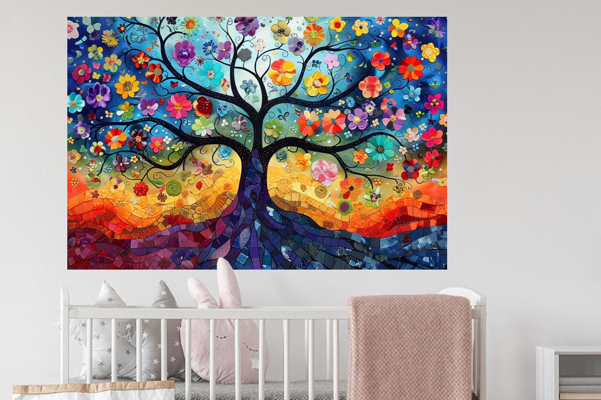 WANDTATTOO Kunst - Baum des Lebens - Blumen - Hippie Wandsticker 120x80 cm - Dunkelblau, Kunststoff (120/80/0.1cm) - MuchoWow