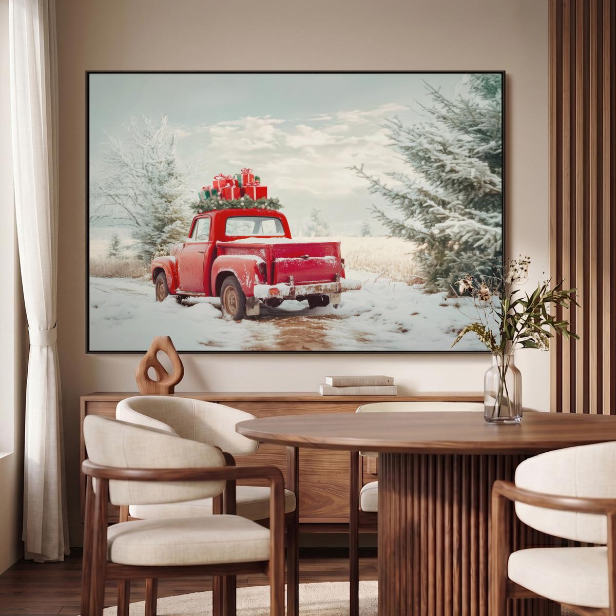 LEINWAND Bilder mit Rahmen - Auto - Rot - Geschenke - Winter - Schnee - Weihnachten - 120x80 - Rot, Textil (120/80cm) - MuchoWow