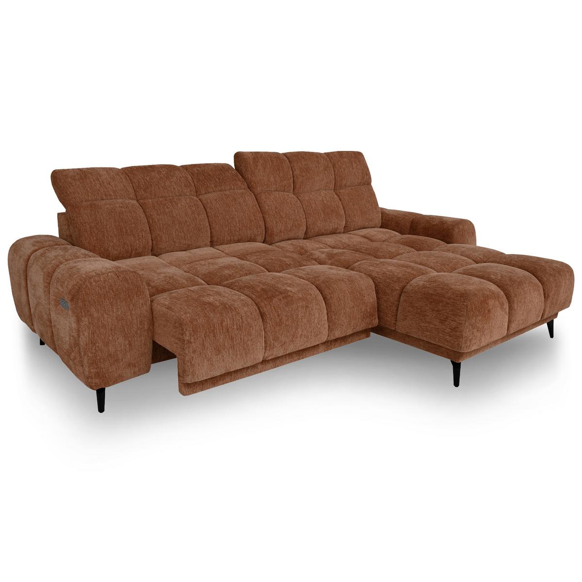 ECKSOFA Marco Mini mit elektrisch ausfahrbarem Sitz und verstellbaren Kopfstützen, Rechts, Chenille-Stoff, Dunkelorange - Dunkelorange/Schwarz, Textil (275/182cm) - Beautysofa