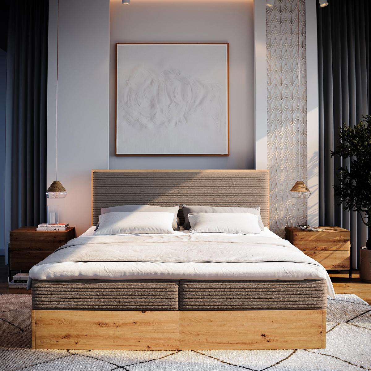 BOXBETT VERDON 180x200 cm mit Matratze und Topper - Braun - Braun, Holz (180/200cm) - MASSENO