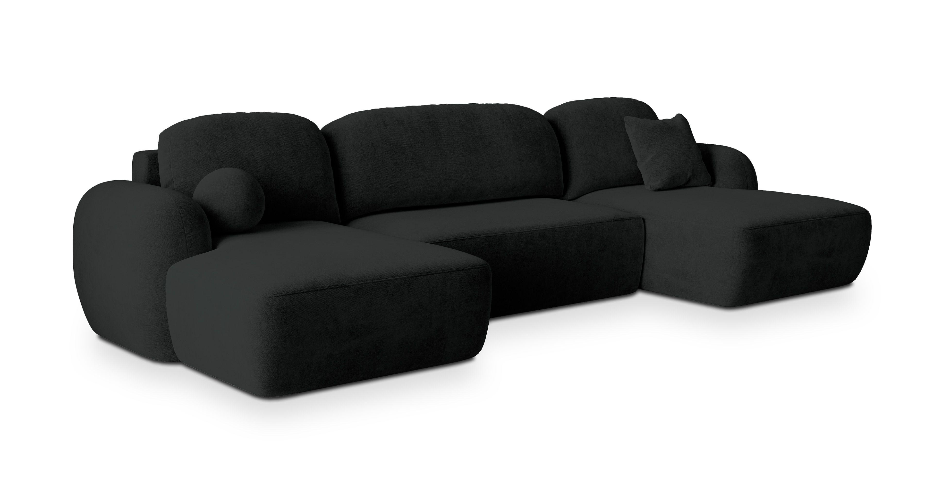WOHNLANDSCHAFT SAVONA K Schwarz Plüsch-Stoff mit Schlaffunktion - Schwarz, Holz/Kunststoff (320/90/148cm) - MASSENO