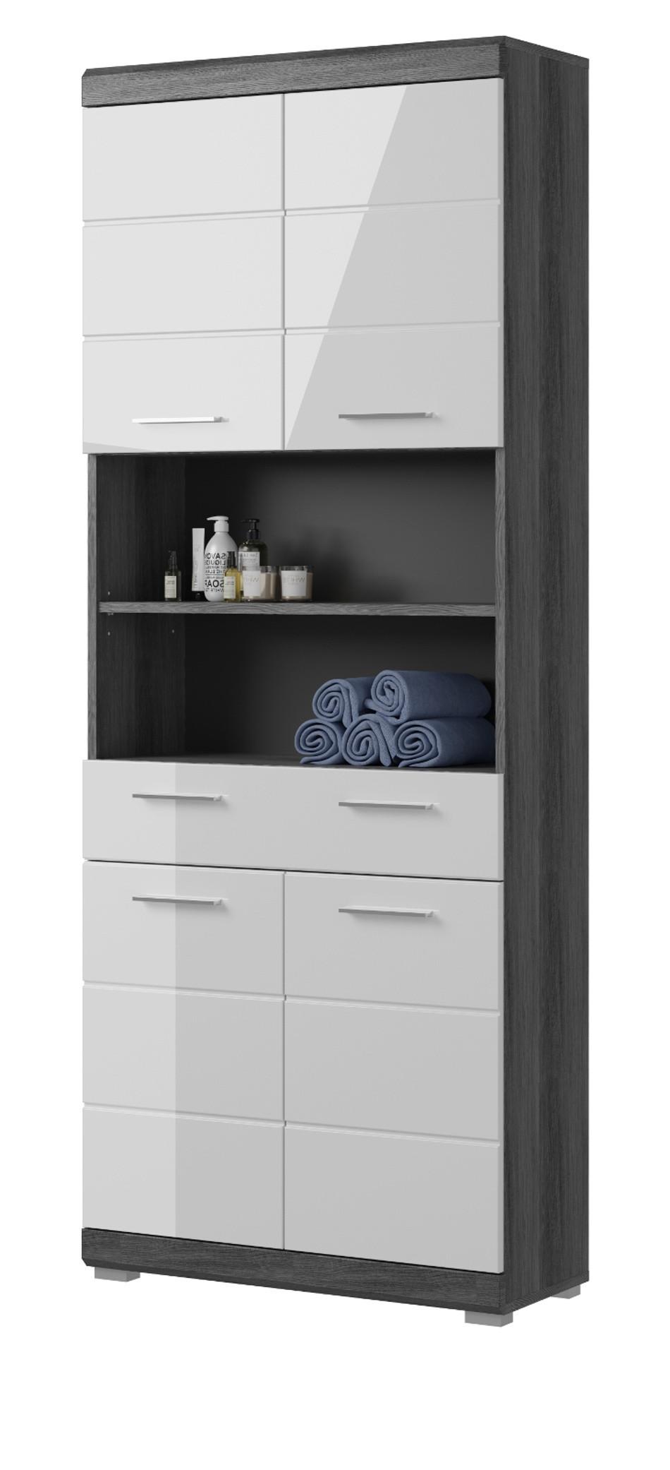 HOCHSCHRANK weiß Hochglanz, grau 4-türig 74 x 191 cm - Chromfarben/Weiß Hochglanz, Holzwerkstoff/Kunststoff (74/191/31cm) - Inn.Furn