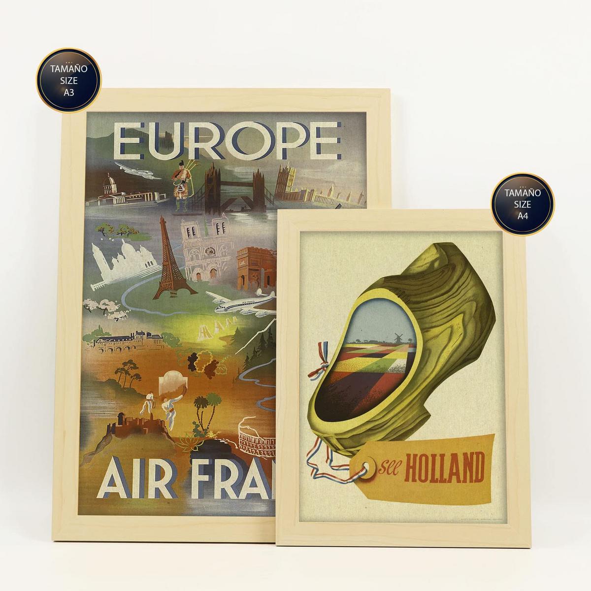 POSTER Set Mit 6 Europäische Länder Vollfarbige Illustrationen Von Vintage Tourismus Werbetafeln Aus Der Ganzen Welt A3 & A4 Rahmen Aus Hellem Holz - Beige, Papier (29/3cm) - Nacnic