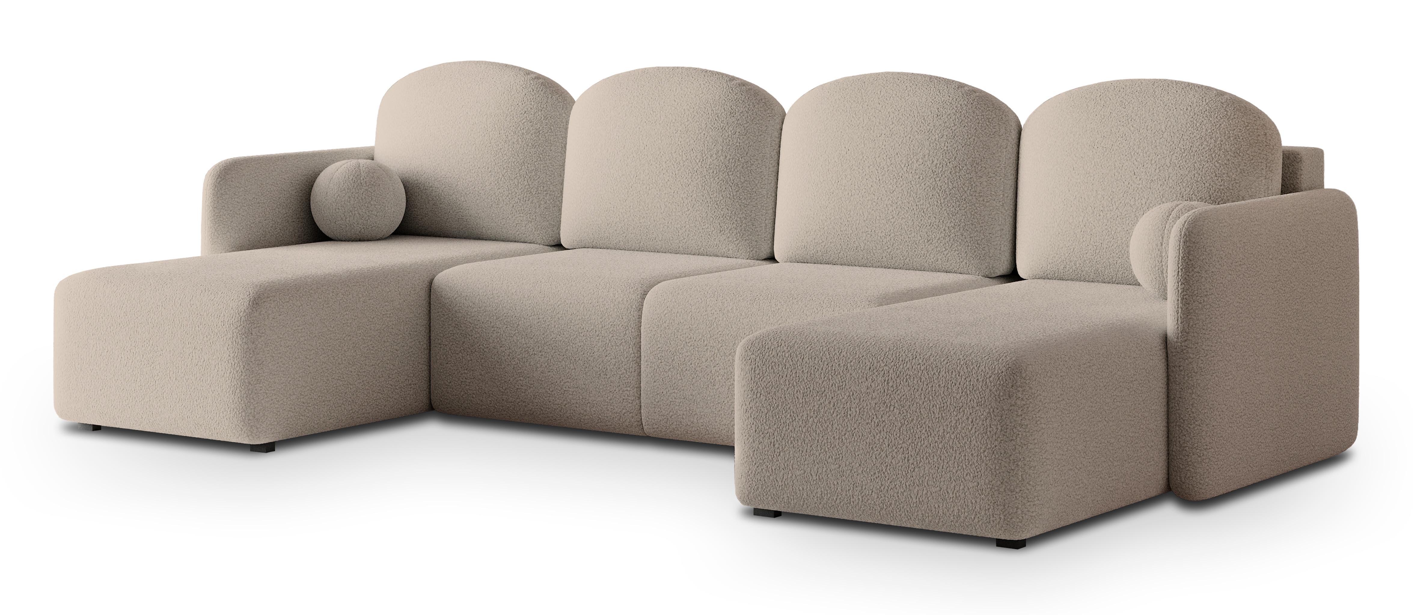 WOHNLANDSCHAFT NUBERO Beige Boucle-Stoff mit Schlaffunktion - Beige, Holz (285/85/143cm) - MASSENO