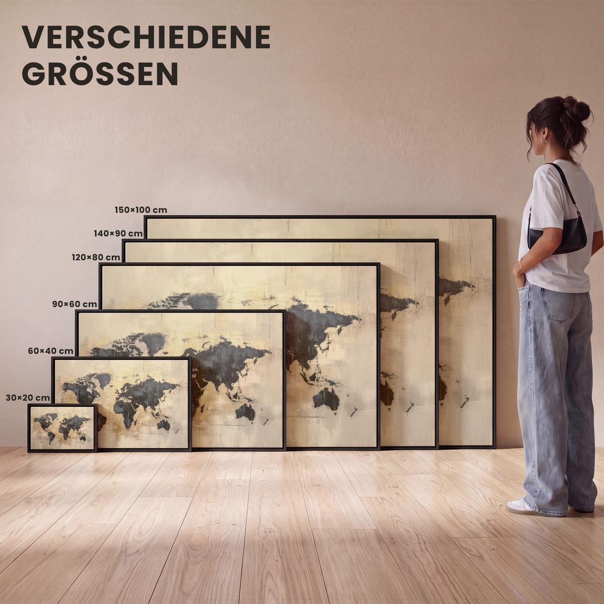 LEINWAND Bilder mit Rahmen - Weltkarte - Gold - Schwarz - Abstrakt - 120x80 - Kupferfarben, Textil (120/80cm) - MuchoWow