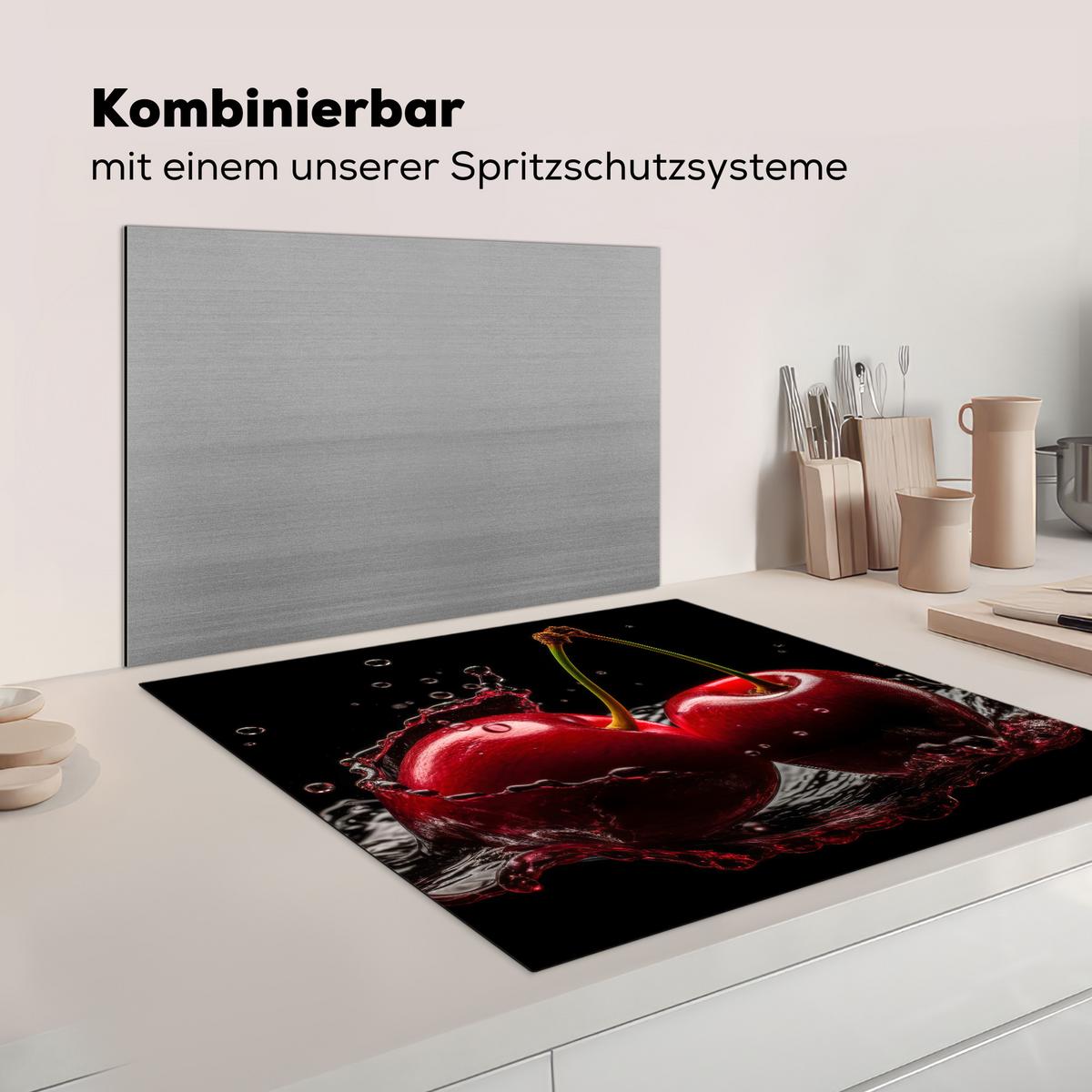 HERDABDECKPLATTE Kirsche - Rot - Frucht - Wasser - Schwarz Induktionsmatte 78x78 cm - Kirschrot, Kunststoff (78/78/0.2cm) - MuchoWow