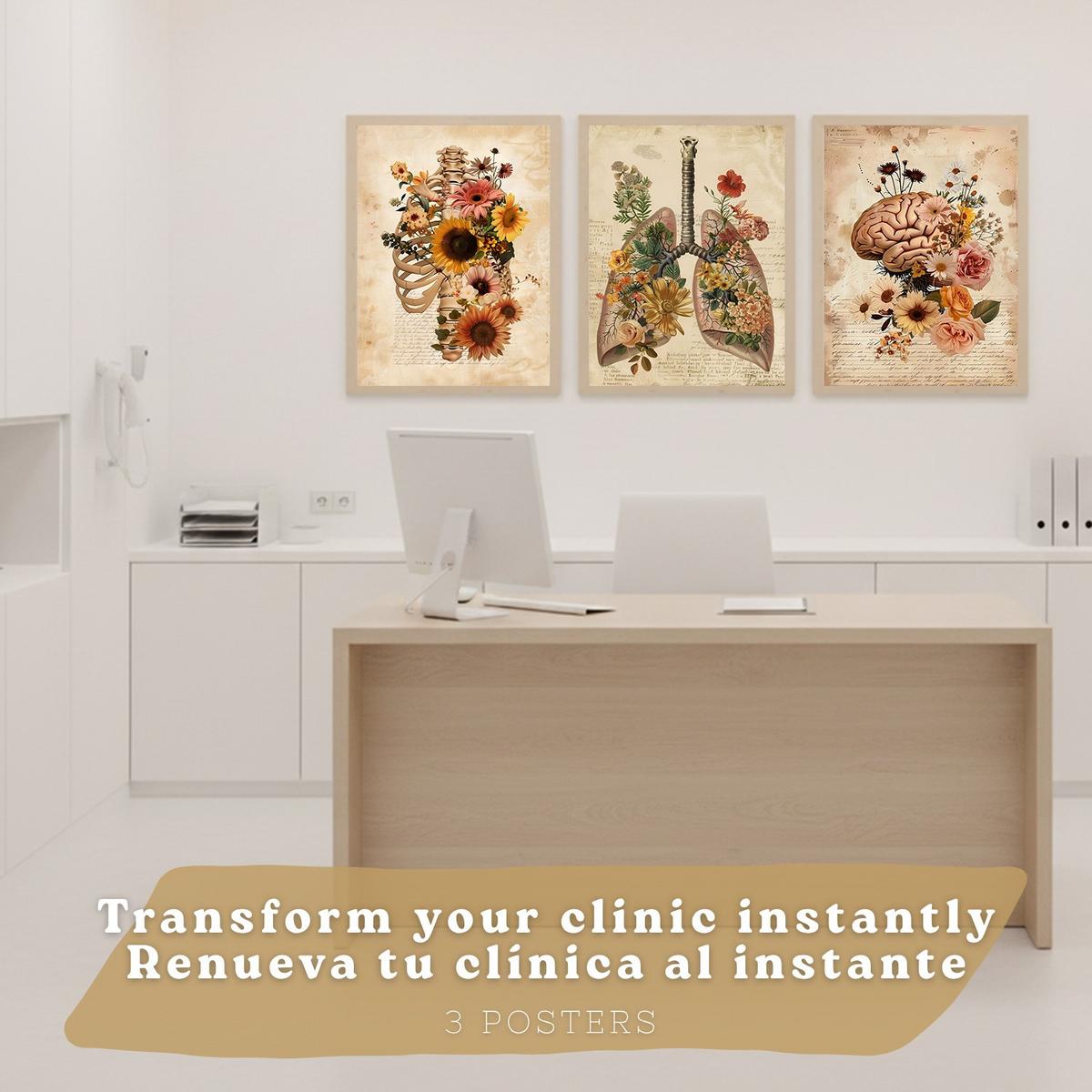 POSTER Set aus 3 Anatomie Mensch Florale Drucke und Wandbilder mit Lungen Brustkorb und Gehirn Botanischer Antiker Stil Größe Leichter Holzrahmen A4 - Beige, Papier (21/29.7/3cm) - Nacnic