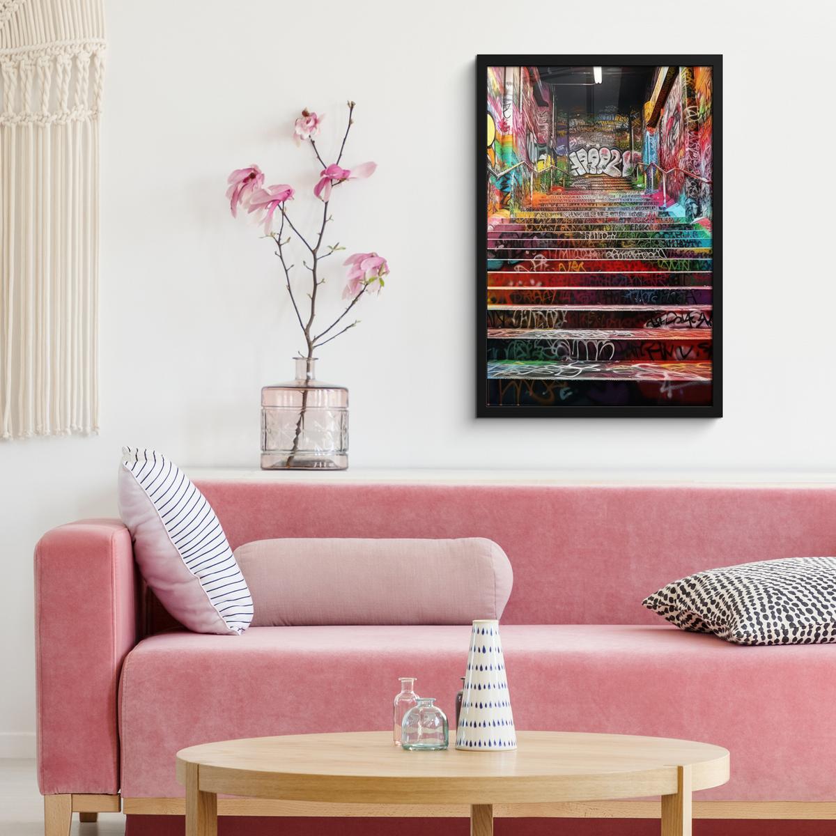 POSTER MIT RAHMEN Treppe - Graffiti - Farben - Kunst Bilder mit Rahmen 40x60 cm - Multicolor, Papier (40/60cm) - MuchoWow