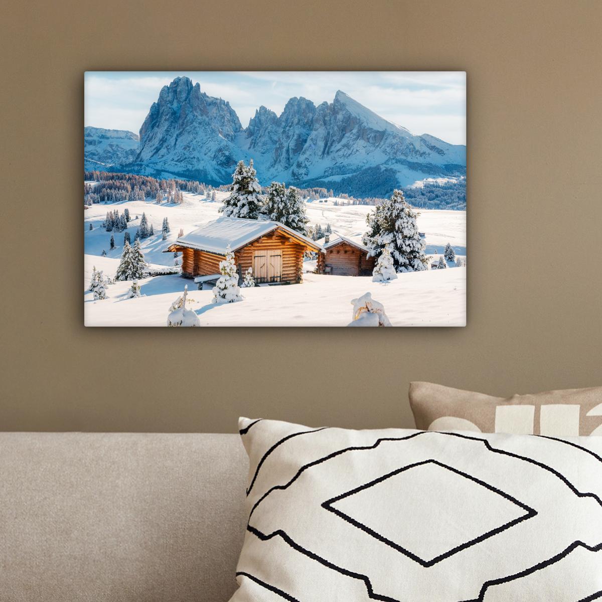 LEINWANDBILD Winter - Hütte - Berge - Aussicht - Schnee Deko Schlafzimmer 30x20 cm - Eichefarben, Textil (30/20cm) - MuchoWow
