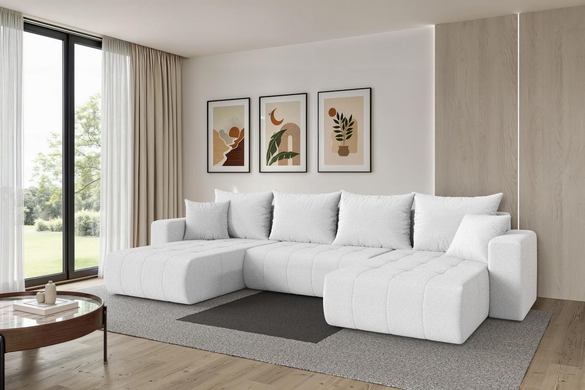 WOHNLANDSCHAFT mit Schlaffunktion und Bettkasten MILA-U 378x194x86 Weiß Bouclé - Schwarz/Weiß, Holzwerkstoff/Kunststoff (378/86/194cm) - ALTDECOR