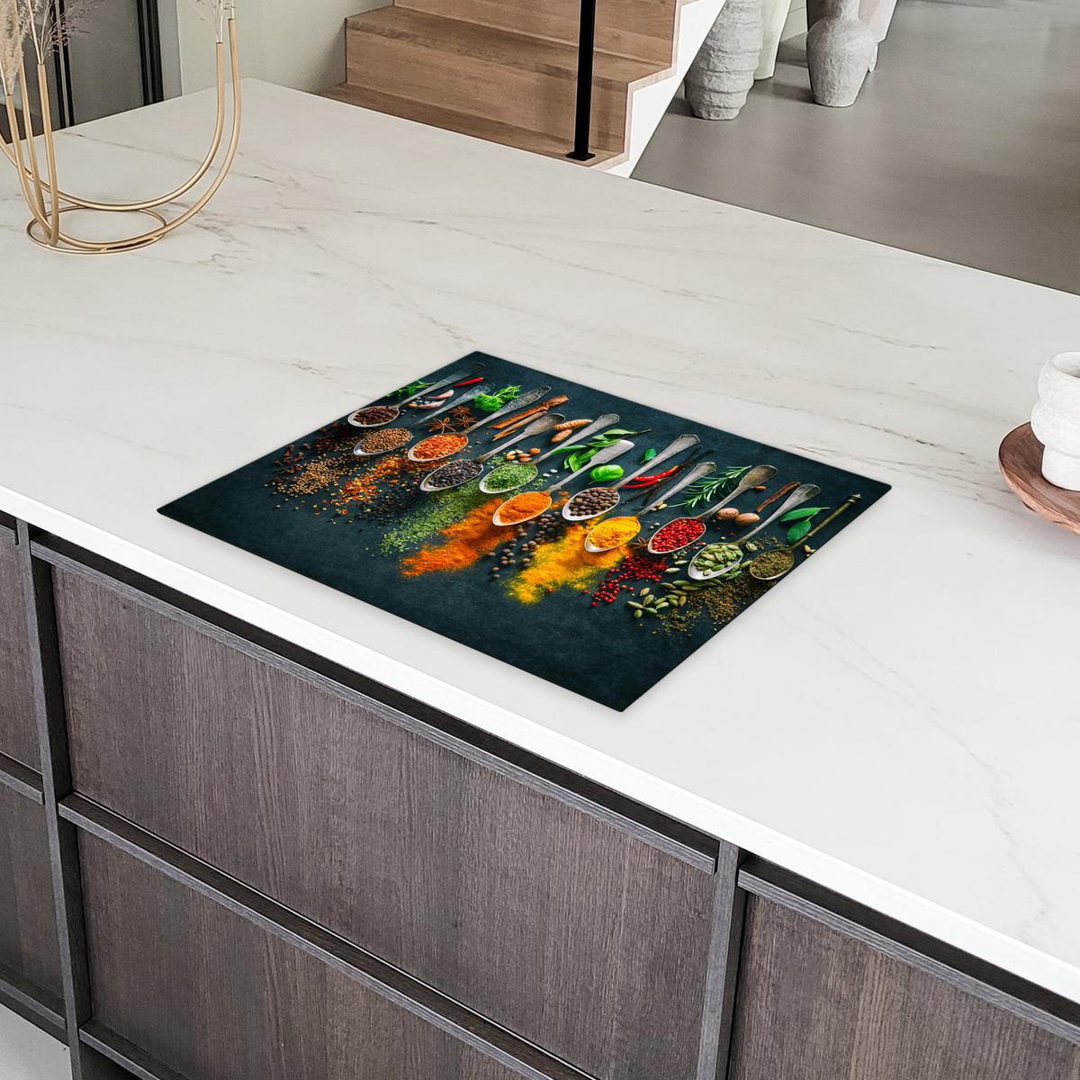 HERDABDECKPLATTE Kräuter - Gewürze - Löffel Herdabdeckung Induktionsfeld 65x52 cm - Multicolor, Kunststoff (65/52/0.2cm) - MuchoWow