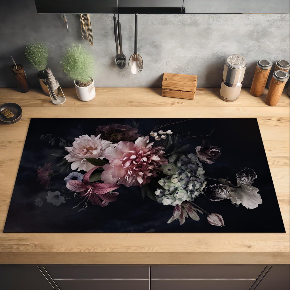 HERDABDECKPLATTE Blumen - Vintage - Pastell - Rosa - Weiß Induktionsschutz 91.6x52.7 cm - Altrosa, Kunststoff (91.6/52.7/0.2cm) - MuchoWow