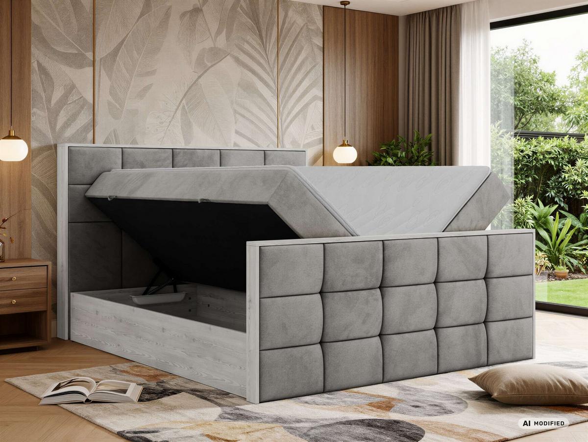 BOXBETT ALNOR DUO 140/200 - Hellgrau Velvet - Topper Visco - H4 - Hellgrau/Schwarz, Kunststoff/Textil (140/200cm) - MKS