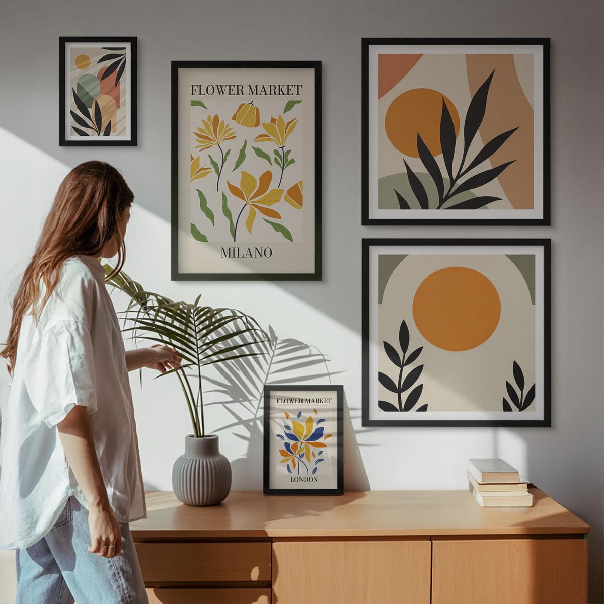 BILDER SET 5er Set - 50x50 cm & 20x30 cm & 40x60 cm Schwarzer Rahmen - Abstrakte geometrische Formen - Schwarz, Kunststoff (40/60cm) - TULUP