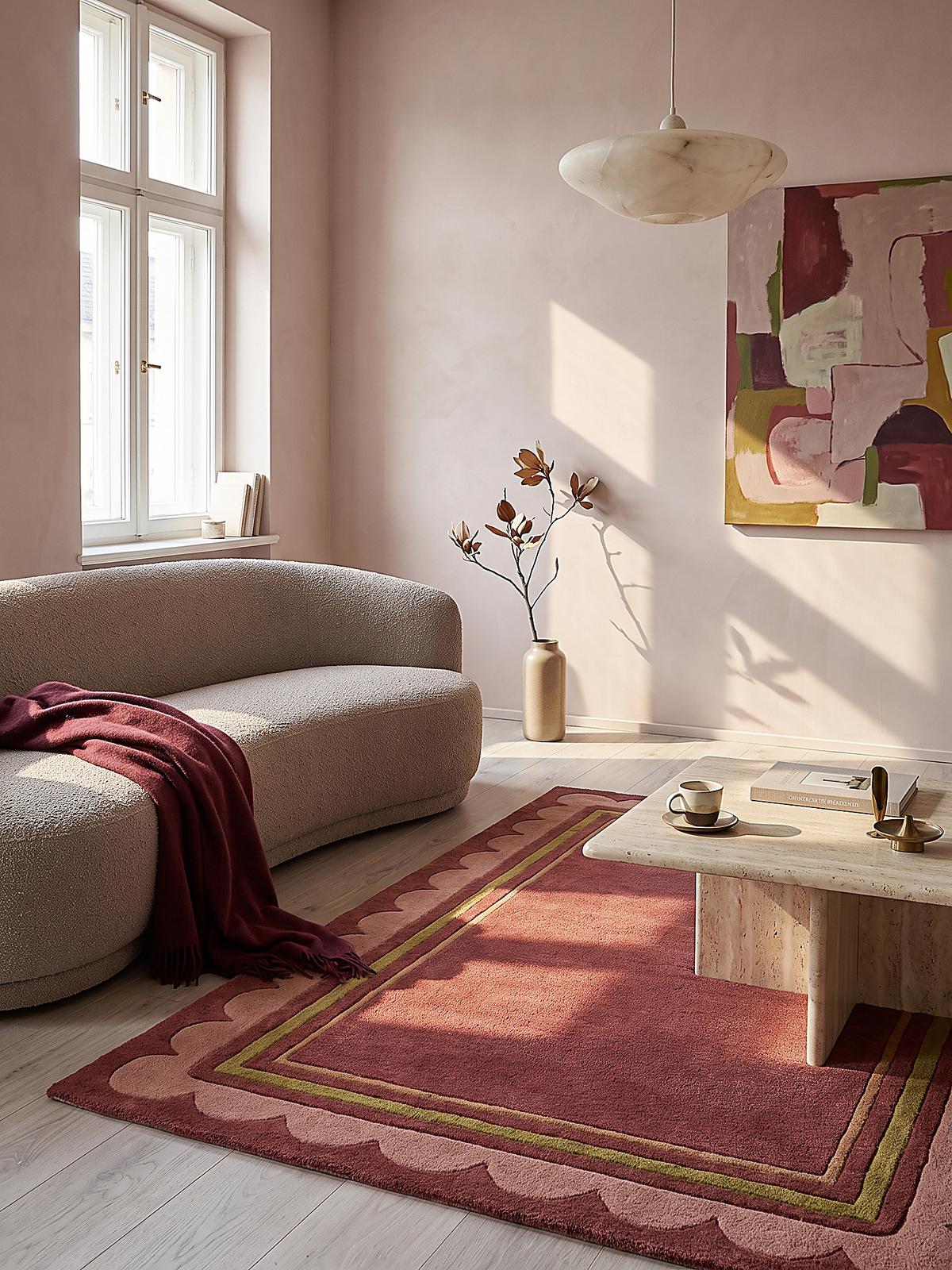 TEPPICH aus Wolle, handgetuftet, WENSUM, in Beerenrot, Scallop-Bordüre, 120 x 170 cm - Rot, Textil (120/170cm) - KADIMA DESIGN
