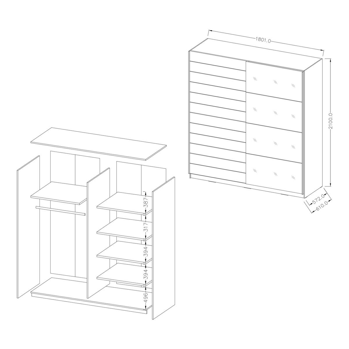 SCHWEBETÜRENSCHRANK BETTINA 180/210/61 cm 2-türig mit Spiegel Multicolor - Multicolor, Holzwerkstoff (180/210/61cm) - MASSENO