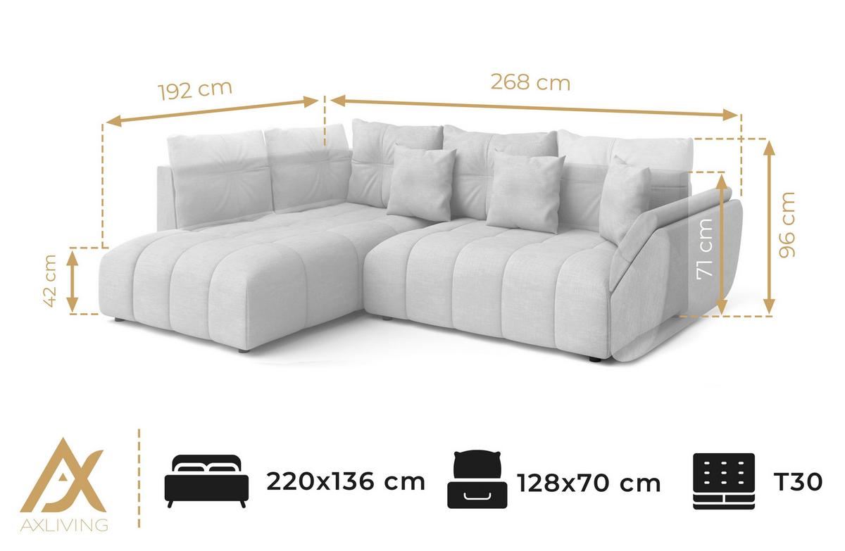 ECKSOFA L Form Corleone Grau 268/192/96 cm mit Schlaffunktion - Schwarz/Grau, Kunststoff/Textil (268/192cm) - AX Living