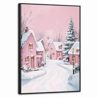 LEINWAND Bilder mit Rahmen - Weihnachtsdorf - Rosa - Winter - Schnee - Häuser - 50x70 - Altrosa, Textil (50/70cm) - MuchoWow