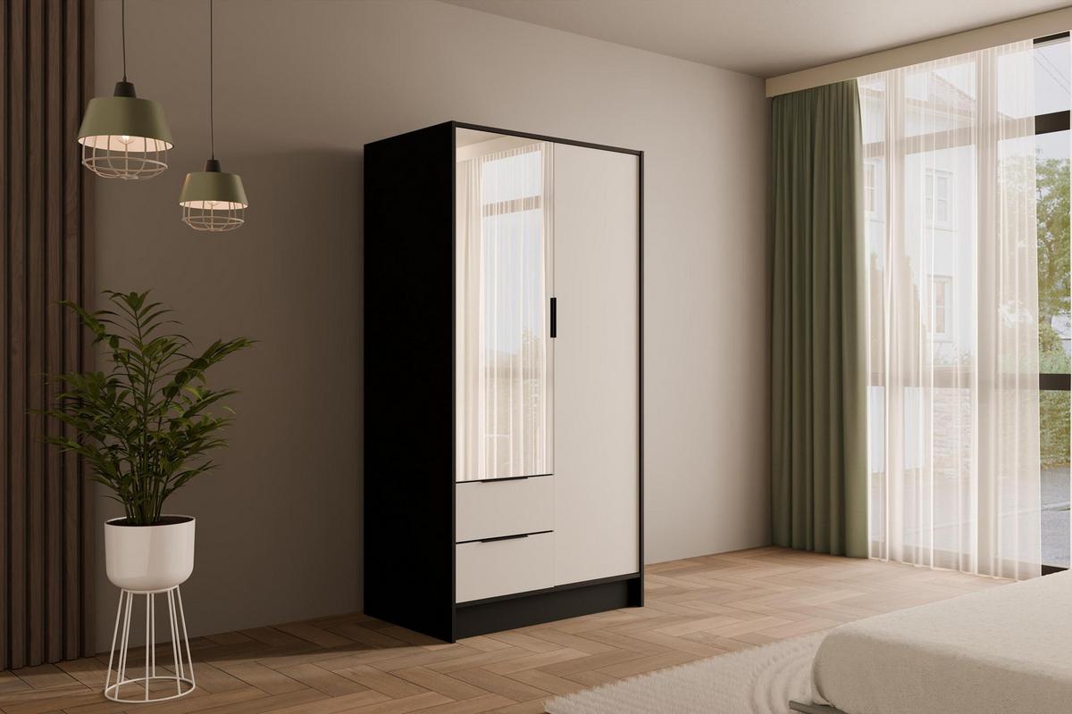 KLEIDERSCHRANK mit Spiegel und Flügeltüren KOLIN 100x200cm Schwarz / Weiß - Schwarz/Weiß, Holzwerkstoff (102/200/51cm) - ALTDECOR