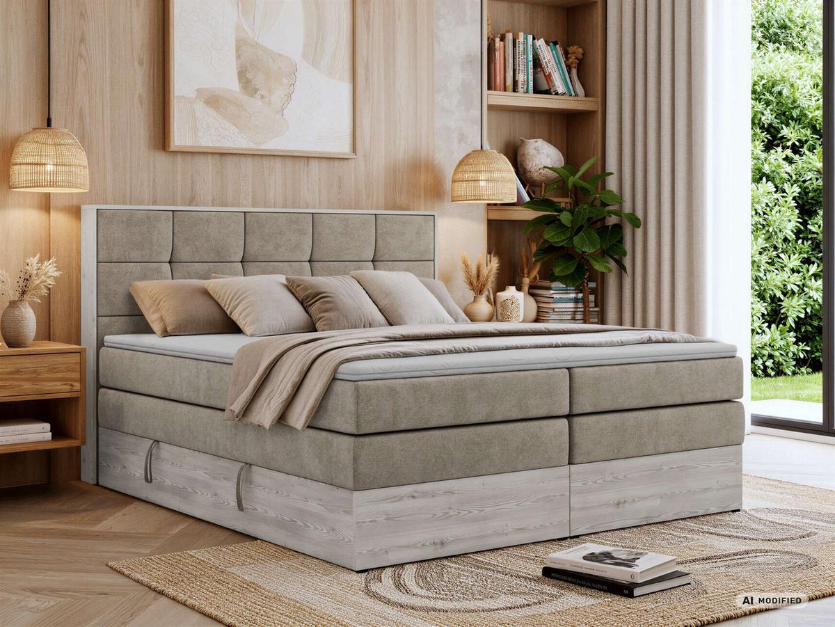 BOXSPRINGBETT ALNOR KING 140/200 - Greige Stukture - Topper Visco - H4 - Greige/Schwarz, Kunststoff/Textil (140/200cm) - MKS