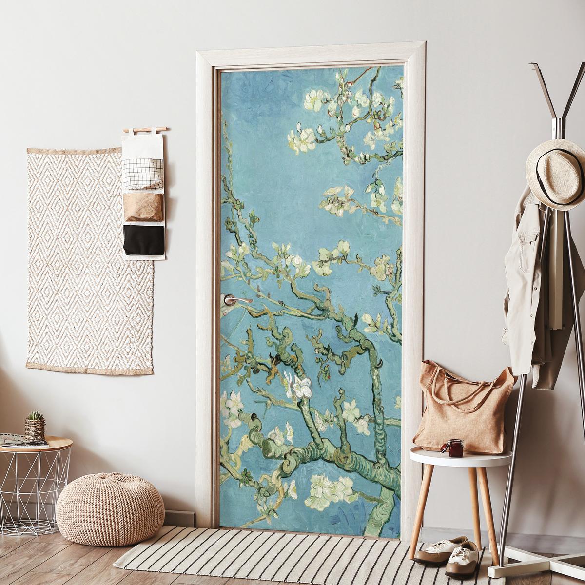 TÜRAUFKLEBER Selbstklebend - Mandelblüte - Van Gogh - Kunst 95x215 cm - Türtapete - Pastellblau, Kunststoff (95/215cm) - MuchoWow