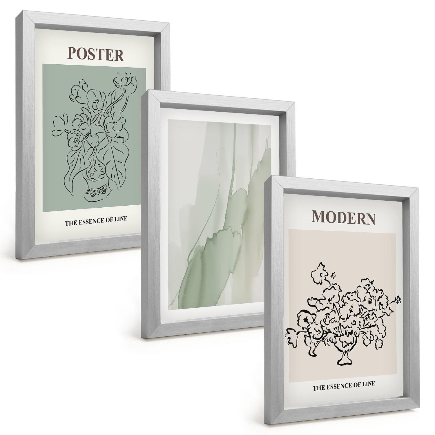BILDER SET 3er Set - 20x30 cm Silberner Rahmen - Blumen in einer modernen Vase - Silberfarben, Kunststoff (20/30cm) - TULUP